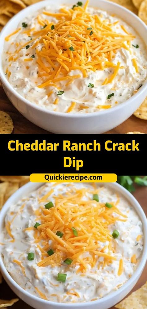 This Cheddar Ranch Crack Dip is creamy, cheesy, and loaded with bold ranch flavor. Made with cheddar, ranch seasoning, and bacon, it’s an addictive dip for any occasion. Ingredients: 2 cups sour cream 1 cup shredded cheddar cheese 1 packet ranch seasoning 1/2 cup crumbled bacon A creamy, cheesy dip that’s always a party hit Ranch Dip Recipe Sour Cream, Bacon Cheddar Cream Cheese Dip, Cream Cheese Chip Dip, Cream Cheese Cheddar Dip, Cheddar Ranch Dip, Bacon Cream Cheese Dip, Sour Cream Dip Recipes, Slow Cooker Dip Recipes, Cheese Chip Dip