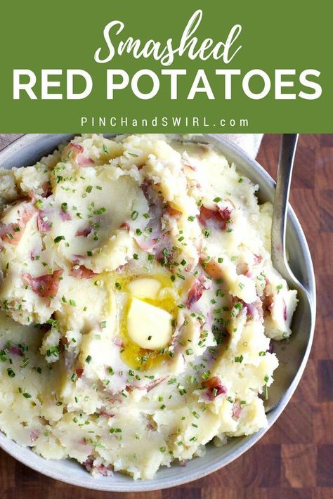 Smashed Red Potatoes with the perfect amount of garlic make an ideal side dish for Christmas or Thanksgiving and are healthy and easy enough to make any time! #mashedpotatoes #potatoes #holidayrecipes #smashedpotatoes #smashedredpotatoes #Thanksgiving #Christmas Mashed Red Potatoes Recipe, Side Dishes Crockpot, Thanksgiving Side Dishes Crockpot, Smashed Red Potatoes, Thanksgiving Recipes Side Dishes Veggies, Thanksgiving Recipes Side Dishes Easy, Mashed Red Potatoes, Thanksgiving Side Dishes Healthy, Red Potato Recipes