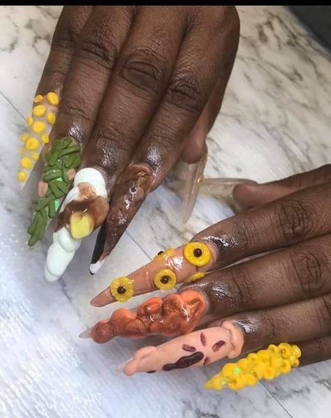 Nails Design Fall, Turkey Nails, Fall Nail Design, Potatoes Tomatoes, Green Potatoes, Food Nails, Thanksgiving Nail Designs, Thanksgiving Nail Art, Thanksgiving Nail