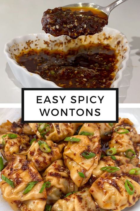 There are two images for this easy spicy wontons recipe pin. The top image is of the homemade spicy chili oil sauce in a white heart-shaped ramekin and a spoon scooping some of it out. The bottom image are wontons that have been tossed in that homemade spicy chili oil sauce and topped with slices of green onions served on a white plate. Spicy Wonton Sauce Chili Oil, Spicy Wonton Recipe, Spicy Wonton Soup, Spicy Wontons, Chili Oil Sauce, Homemade Chili Oil, Wonton Recipe, Hot Chili Oil, Chili Oil Recipe