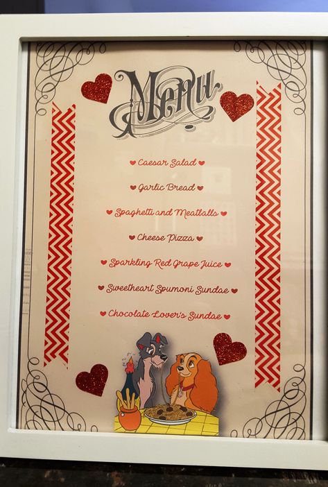 Lady and the Tramp menu sign for Valentine's Day family movie night Lady And Tramp Birthday Party, Lady And The Tramp Movie Night Food, Valentines Movie Night For Kids, Lady And The Tramp Birthday Party Ideas, Lady And The Tramp Wedding Theme, Lady And The Tramp Themed Dinner, Lady And The Tramp Valentines Day, Lady And The Tramp Movie Night, Lady And The Tramp Dinner And A Movie