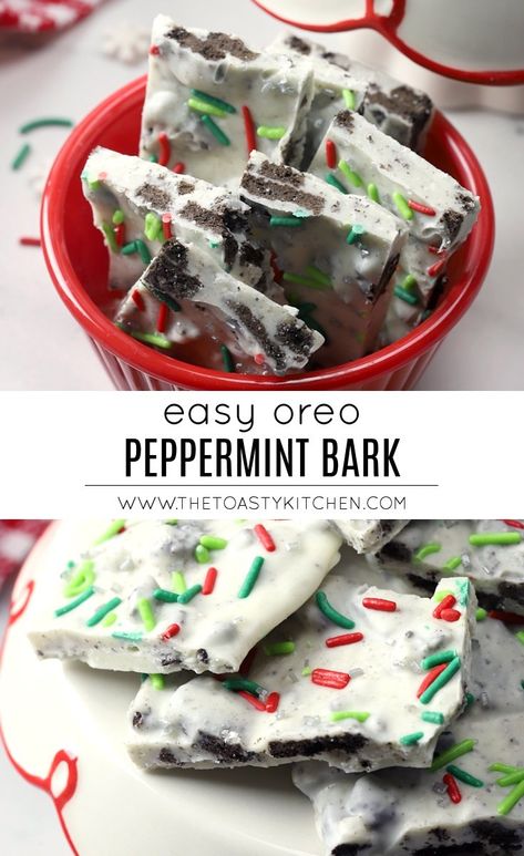 Oreo Peppermint Bark Recipe - Easy No-Bake Holiday Candy - by The Toasty Kitchen #candy #oreobark #oreos #peppermintbark #peppermint #nobake #candyrecipe #holiday #christmas #winter #homemade Oreo Peppermint Bark, Oreo Bark, Peppermint Bark Recipes, Princess Pinky Girl, Pinky Girl, Chocolate Oreo, Christmas Baking Recipes, Candy Recipes Homemade, Christmas Candy Recipes