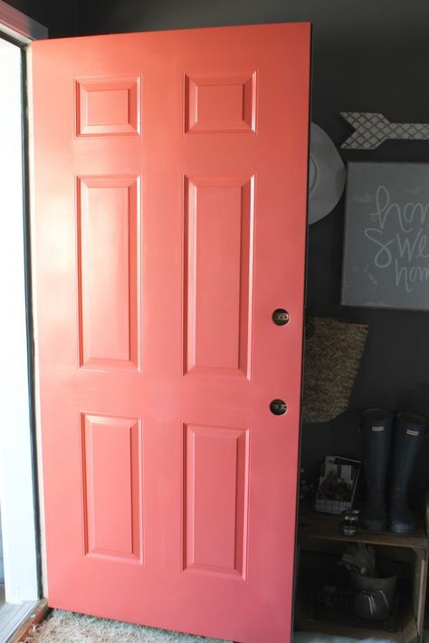 Front Door Makeover with DecoArt - Simple Cozy Charm Green House With Pink Door, Coral Red Front Door, Salmon Colored Front Door, Old Doors For Sale, Coral Front Doors, Bold Front Door Colors, Beach House Paint Colors, Craftsman Style Front Doors, Speakeasy Door