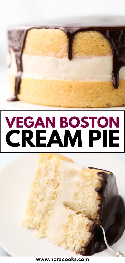 Fluffy Vanilla Cake, Nora Cooks, Alpha Gal, Pie Pie, Vegan Baking Recipes, Easy Vegan Dessert, Boston Cream Pie, Vegan Holiday, Vegan Pie