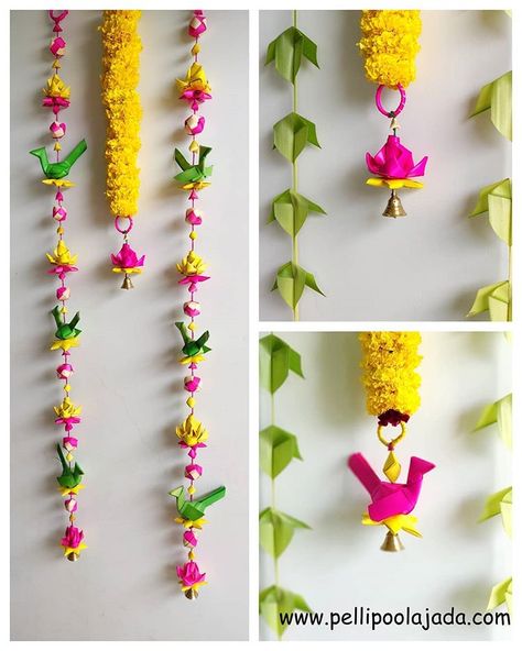 Palm Leaf Decor, Poolajada Designs, Kobbari Bondam, Fresh Flower Jewelry, Wedding Hall Decorations, Ganapati Decoration, Diwali Decorations At Home, Housewarming Decorations, Nylon Flowers