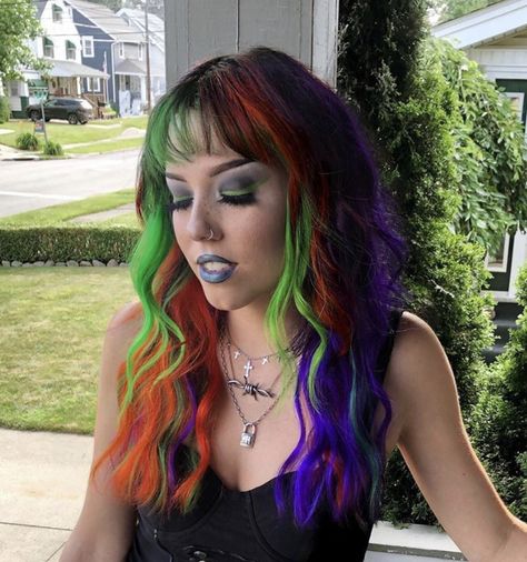 Orange Purple Green Black Hair, Orange Purple Green Hair, Halloween Split Dye, Halloween Color Hair, Beetlejuice Hair Color, Halloween Inspired Hair Color, Halloween Colored Hair, Halloween Dyed Hair, Halloween Hair Dye Ideas