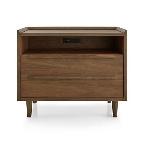 Tate 2-Drawer Midcentury Nightstand with Power Outlet + Reviews | Crate and Barrel Hip Bedroom, Midcentury Nightstand, Charging Nightstand, Bookcase Bar, Night Tables, Walnut Bookcase, Mid Century Nightstand, Mid Century Sideboard, Lateral File Cabinet