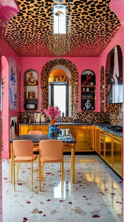 Bright Eclectic Living Room, Funky Home Design, Home Decor Ideas Maximalist, Iris Apfel Interior Design, Moody Maximalist Kitchen, Pink Walls Kitchen, Colorful Home Aesthetic, Maxamilist House, Colorful Airbnb