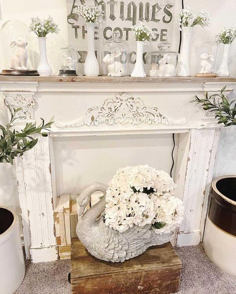 Shabby Chic Mantle, Shabby Chic Fireplace, Faux Mantle, Farmhouse Fireplace Decor, Beams Living Room, Swan Planter, Shelf Decor Living Room, Faux Fireplace Diy, Wooden Fireplace