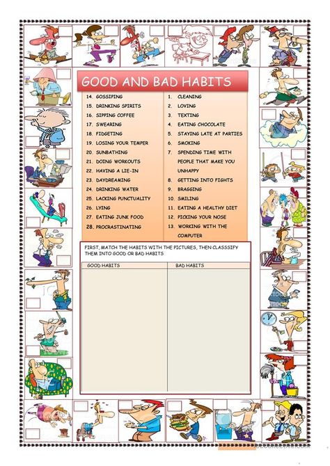 GOOD AND BAD HABITS - English ESL Worksheets for distance learning and physical classrooms Habits For Students, Reading Comprehension Kindergarten, Action Verbs, English Fun, English Activities, Vocabulary Worksheets, Good And Bad, Health Habits, Teaching Jobs