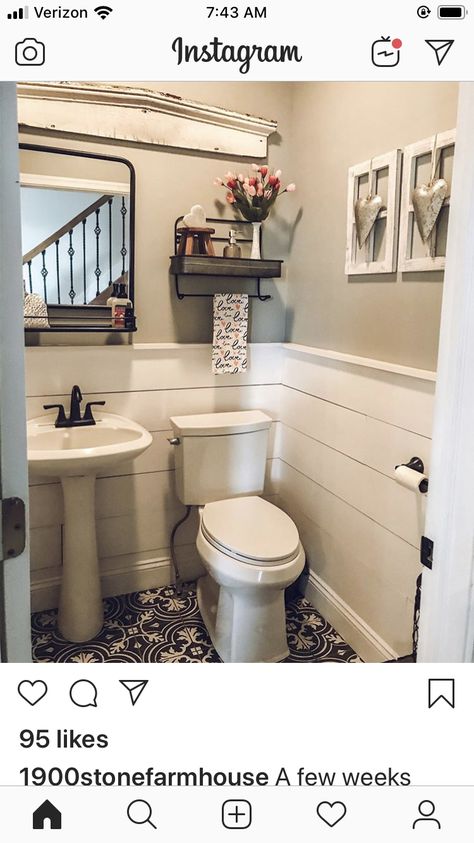 Shiplap Half Wall, Farmhouse Half Bath, Bathroom Mirror With Storage, White Pedestal Sink, Bathroom Pedestal Sink, Black Bathroom Mirror, Mirror With Storage, Bathroom Mirror With Shelf, Bathroom Mirror Storage