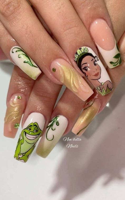 Disney Nails Princess And The Frog, Princess And The Frog Nails Designs, The Princess And The Frog Nails, Princess And The Frog Nails Short, Tiana Nails Princess, Princess Tiana Nails Acrylic, Princess Tiana Nails, Tiana Nails, Princess And The Frog Nails