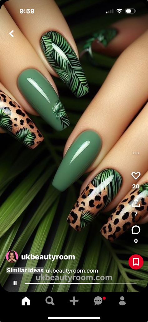 African Safari Nails, Green And Cheetah Nails, Safari Themed Nails, Safari Nails Designs, Green Leopard Nails, Plant Nail Designs, Jungle Nails, Cheetah Nail Art, Safari Nails