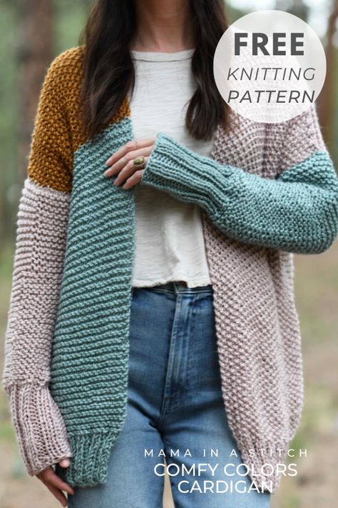 This easy cardigan knitting pattern is so pretty, and I love the colors! It's simple to make and there's a free pattern as well. via @MamaInAStitch Mama In A Stitch, Fall Knits, Knit Cardigan Pattern, Color Block Cardigan, Easy Knitting Patterns, Scarf Knitting Patterns, Crochet Cardigan Pattern, Knitting Kits, Needle Work