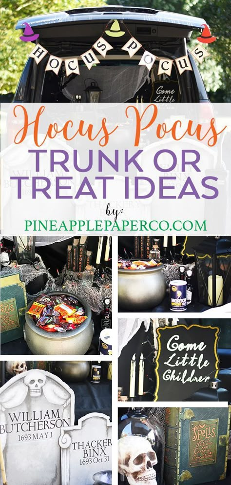 Hocus Pocus Trunk or Treat Ideas by Pineapple Paper Co. #hocuspocus #trunkortreat #orientaltrading #cricut #halloweenideas Sanderson Sisters Trunk Or Treat, Trunk Or Treat Ideas For Golf Cart, Trunk Or Treat Hocus Pocus, Trunk And Treat Ideas, Trunk And Treat Ideas Cars, Hocus Pocus Outdoor Decorations, Hocus Pocus Trunk Or Treat, Trunk And Treat, Hocus Pocus Party Decoration