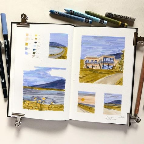 Tombow Art Drawings, Tombow Marker Art, Melissa Lakey, Watercolor Marker Art, Stylised Landscape, Tombow Art, Marker Sketchbook, Sketchbook Spread, Marker Sketch