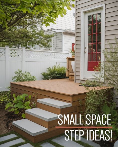 Looking for backdoor step ideas for small spaces? ?? Explore stylish Backdoor Steps with functional Patio Stairs to complement compact porches. Add charm with Built In Seating and incorporate elements from Formal Gardens or create your Dream Garden for a cozy outdoor vibe! #gg #homedesigninsider #compactbackdoorsteps Sliding Glass Doors Patio Steps, Wide Steps Down To Patio, Front Entry Deck Ideas, Small Deck To Patio Transition, Steps From House To Patio, Patio Stairs With Landing, Patio With Steps Down From House, Door Steps Ideas, Backdoor Steps To Patio