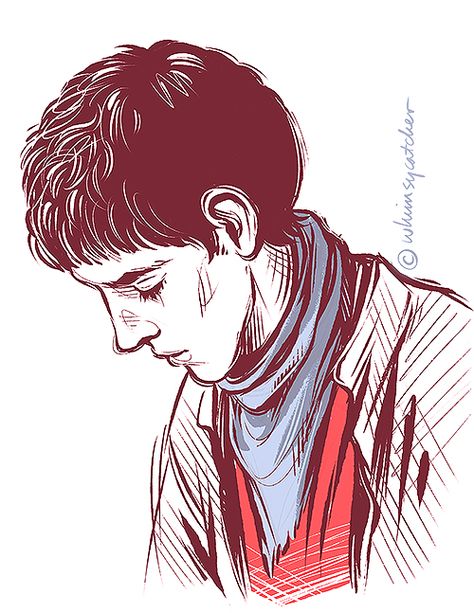 Merlin fan art [By: WHIMSYCATCHING] -This is really good! But, why is he wearing a blue scarf? Merlin Drawing, Merlin Art, Merlin Fanart, Merlin Colin Morgan, Merlin Series, Arthurian Legend, Merlin Cast, Merlin Fandom, Merlin And Arthur