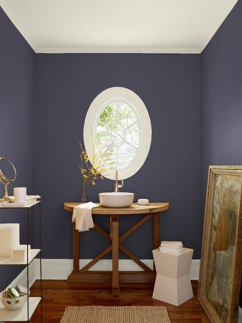 Benjamin Moore Shadow 2117-30 WALL Ashwood OC-47 TRIM Halo OC-46 CEILING Olive Green Paints, Purple Bathroom, Wall Color Combination, Color Combinations Paint, Colors Combinations, Painting Colors, Paint Colors Benjamin Moore, Green Paint Colors, Benjamin Moore Colors