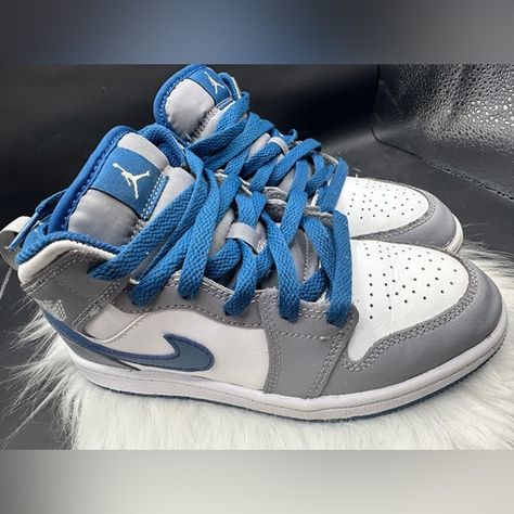 (LIKE NEW) Nike Air Jordan 1 Mid True Blue Cement Gray White Blue Air Jordan 1, Blue Air, Nike Air Jordan 1 Mid, Cement Gray, New Nike Air, Nike Air Jordan 1, Air Jordan 1 Mid, Jordan 1 Mid, True Blue