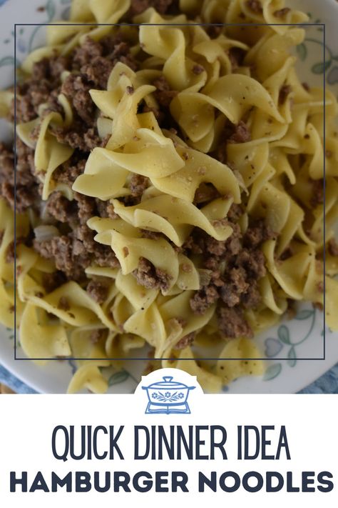 Hamburger and Noodles - Easy Ground Beef and Noodles Recipe - These Old Cookbooks Elbow Noodles And Ground Beef, Hamburger With Egg, Hamburger Recipes Easy, Egg Noodle Dishes, Hamburger Gravy, Noodle Recipes Homemade, Egg Noodle Recipes, Hamburger Meat Recipes, Buttered Noodles