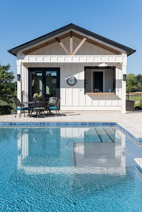 This modern farmhouse captures the beauty of the Blue Ridge Mountains Modern Farmhouse Pool, Small Pool House Ideas, Farmhouse Pool House, Small Pool House, Farmhouse Pool, Small Pool Houses, Pool Guest House, Pool Shed, Outdoor Pool Area