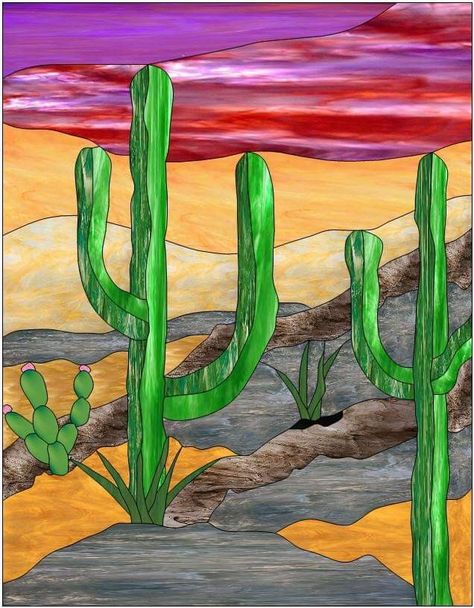 Southwest Scenery, Stained Glass Cowboy, Mosaic Designs Pattern, Glass Mosaic Patterns, Stained Glass Mosaic Patterns, Mosaic Stepping Stone, Diy Stained Glass Window, Glass Cactus, Landscape Art Quilts