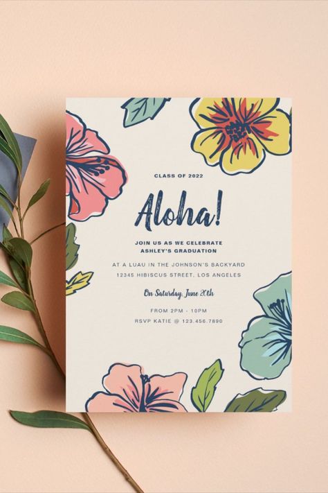 Aloha Hawaiian Flowers Graduation Invitation
Bright and colorful Hawaiian floral design featuring bold flower details in pink, teal and yellow along side modern navy typography on an ivory colored background. These invites are the perfect way to celebrate a birthday, Luau, backyard bbq or a simple summer celebration! #graduationinvitations #classof2024 #graduationparty #celebrategraduation #graduationannouncement #hawaiian #aloha Aloha Party Theme, Luau Party Invite, Hawaii Party Invitation, Photobooth Idea, Invitations Background, Aloha Birthday, Hawaiian Invitations, Luau Party Invitations, Birthday Luau