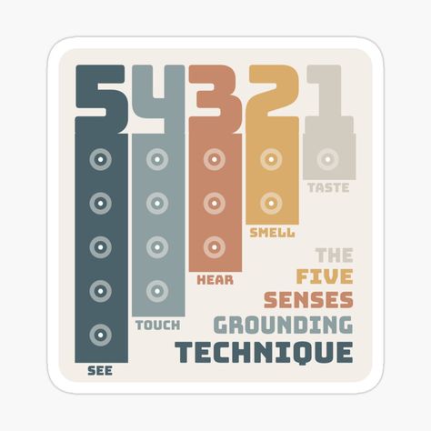 5 things you can see, 4 things you can touch, 3 things you can hear, 2 things you can smell and 1 thing you can taste: 5-4-3-2-1! It’s that easy with this simple grounding exercise, great for kids and adults alike. #anxietyrelief #coping #stickerdesign 54321 Grounding Technique, Therapy Skills, Grounding Exercises, Grounding Techniques, Redbubble Stickers, Unwanted Facial Hair, Five Senses, Coping Strategies, Writing Help