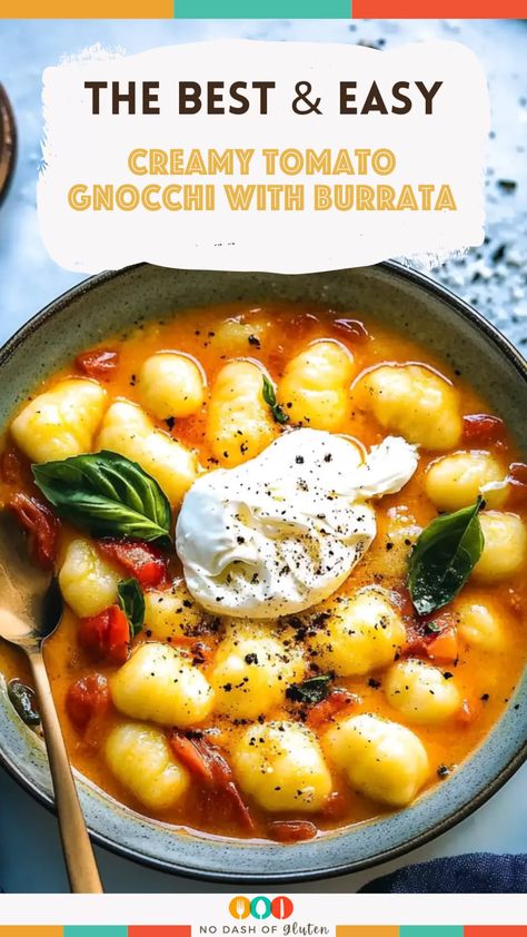 Craving comfort food? This Creamy Tomato Gnocchi with Burrata is rich, delicious, and ready in just 20 minutes! Perfectly pillowy gnocchi in a garlicky tomato basil sauce with a dreamy burrata topping – quick, easy, and guaranteed to impress! Dinners With Burrata, Burrata And Eggs, Recipes With Burrata Cheese, Burrata Gnocchi, Gnocchi With Burrata, Creamy Tomato Gnocchi, Tomato Gnocchi, Best Spaghetti Recipe, Burrata Recipe