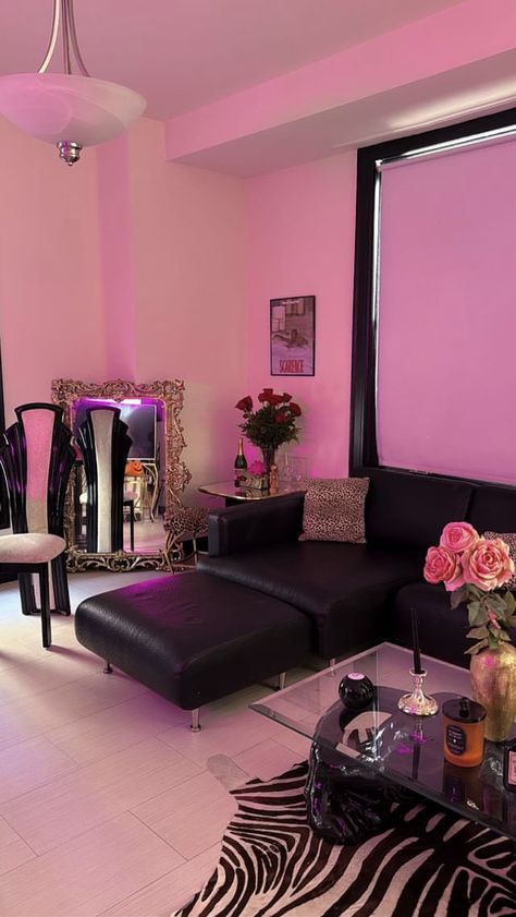 Y2k Lounge Room, Mcbling Living Room, 90s Living Room Aesthetic, Black And Pink Living Room Decor, 90s Apartment Aesthetic, 2000s Living Room, Pink Studio Apartment, Y2k Living Room, Babe Cave Ideas