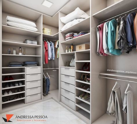 Closet aberto, com formato em "L" e divisórias bem pensadas para um casal, garantindo espaço para todas as roupas e acessórios dos clientes. Gostaram? ▪ PROJETO AUTORAL ▪ #closet #closetdesign #closetorganizado #interiores #guardaroupa #guardaroupaplanejado #armariosplanejados #closetdecorado #closetorganization #closetinteligente #closetdesign #closetdossonhos Wardrobe Interior Design, Kids' Bathroom, Sweet Home, New Homes, Dream House, Interior Design, Wardrobe, Closet, Home Decor