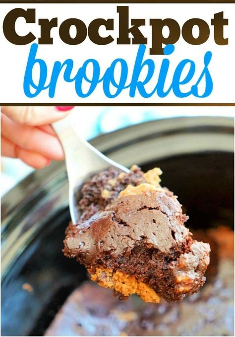 Crockpot brownies with cookies = brookies! Great slow cooker dessert that is ooey gooey with chocolate. #crockpotbrownies Crockpot Brownies, Brownies With Cookies, Crock Pot Brownies, Slow Cooker Dessert, Chocolate Chip Cookies Easy, Crockpot Dessert Recipes, Crock Pot Desserts, Baked Dinner, Chocolate Bites