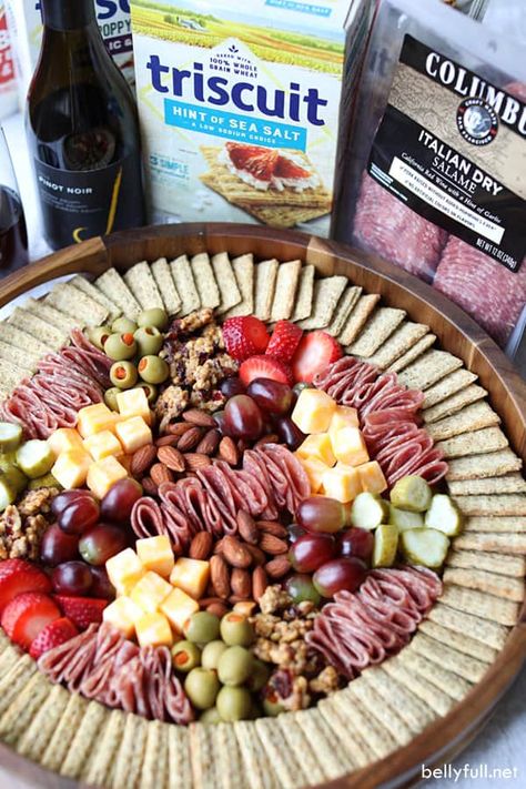 Charcuterie Board with salami, Triscuit crackers, cheese and fruit Super Bowl Meat And Cheese Tray, Charcuterie Board Ideas With Sandwiches, Simple Round Charcuterie Board, Chip And Dip Charcuterie Board Ideas, Cracker And Cheese Charcuterie Board, Easy Chacutery Boards Diy, Charcuterie Small Bites, Charcuterie Board Set Up Ideas, Salami For Charcuterie Board