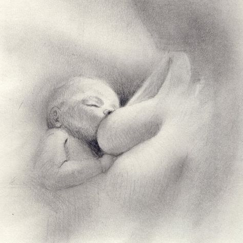 A greyscale, soft, atmospheric pencil sketch of a baby breastfeeding Nude Sketching Ideas Women, Mother Baby Sketch, Breastfeeding Painting, Breastfeeding Drawing, Atmospheric Watercolor, Motherhood Drawing, Good Paintings, Mary Whyte, Mary Drawing