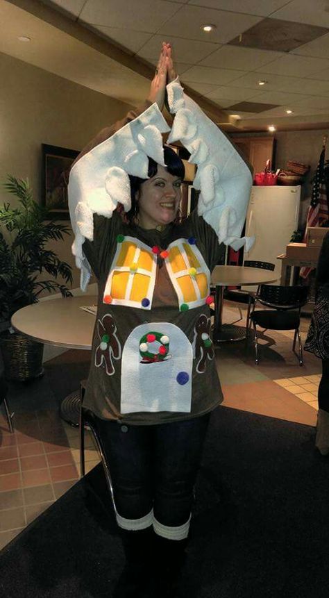 Modeling my gingerbread house ugly Christmas sweater. #uglychristmassweater #holidays #diy #create Easy Ugly Christmas Sweater, Creative Ugly Christmas Sweater, Making Ugly Christmas Sweaters, Homemade Ugly Christmas Sweater, Ugly Christmas Sweater Diy Funny, Ugly Christmas Sweater Outfit, Winter Whimsy, Ugly Christmas Sweater Contest, Diy Christmas Sweater