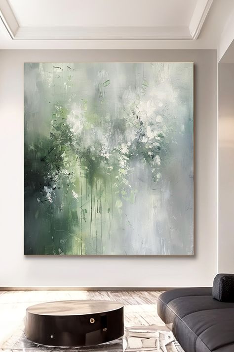 Original handmade green abstract painting with soft sage and misty gray hues, featuring textured brushstrokes and a serene, misty atmosphere Sage Green Abstract Art, Green Abstract Painting, Fitness Space, Green Abstract Art, Misty Grey, Green Paintings, Handmade Wall Art, Green Abstract, Bathroom Art