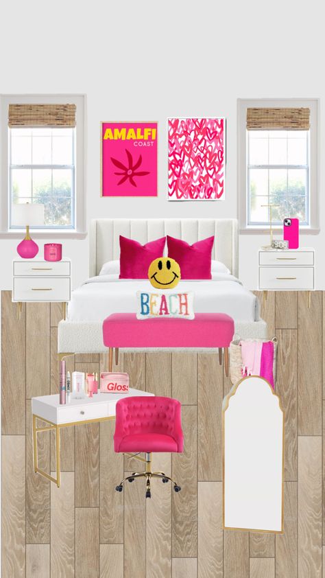 hot pink bedroom inspo! Hot Pink Room Decor, Hot Pink Bedroom, Hot Pink Room, Hot Pink Bedrooms, Preppy Bedroom, Bedroom Redesign, Beachy Room, Pink Room Decor, Pink Bedding