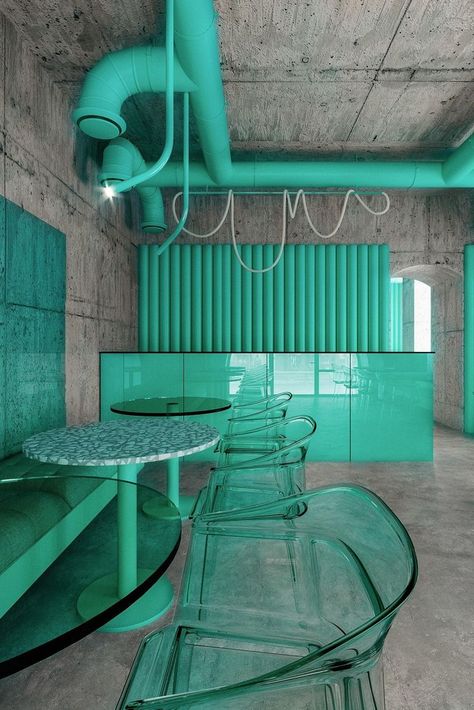 A bright, colorful implementation, where bamboo sprouts break through the gray concrete-like stalks. An unusual atmosphere, inside which the designer decided to leave the old concrete walls of the old building and highlight objects, tables, chairs, ventilation, glass panels in green tones against the background of a rough texture. #architonic #nowonarchitonic #design #architecture #interiordesign #projectdesign #interiorinspiration #moderninterior #concreteinterior #coffeeinterior #designlover Nature Cafe, Estilo Kitsch, In Harmony With Nature, Harmony With Nature, Bar Interior, Coffee Shop Design, Cafe Interior Design, Blues Clues, Restaurant Interior Design