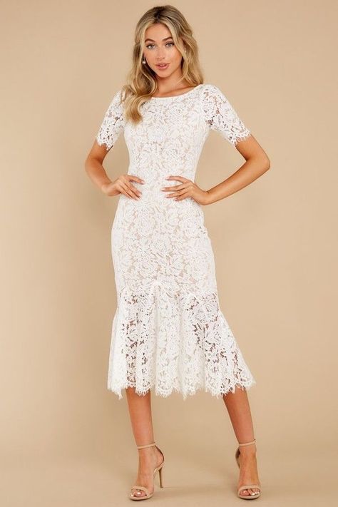 Floral Evening Dresses, White Lace Midi Dress, Lace Party Dresses, Fishtail Dress, White Lace Dress, Red Dress Boutique, Floral Dresses Long, Lace Short, Midi Sheath Dress