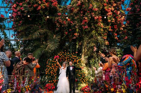 Wedding With Bright Flowers, Palm House Wedding, Glasshouse Wedding, Backdrop Wedding Ceremony, Aisle Decorations Wedding, Wedding Flower Arch, Sefton Park, Glass House Wedding, Bride Speech