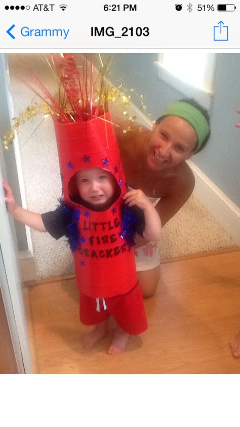 Firecracker costume for 4th of July parade.  Huge hit- won 2nd prize!!! Firework Halloween Costume, Firework Costume Diy, Fourth Of July Costume Ideas, 4th Of July Parade Ideas For Kids, Fourth Of July Parade Ideas For Kids, Firework Outfits, Fireworks Costume, Firecracker Costume, Firework Costume