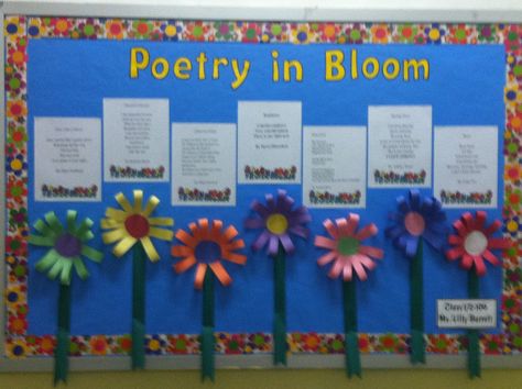 Spring Poetry Board Poetry Bulletin Board Ideas, National Poetry Month Bulletin Board, Poetry Month Bulletin Board, Poetry Classroom, April Poetry, Poetry Bulletin Board, April Bulletin Boards, Pto Board, Spring Poetry