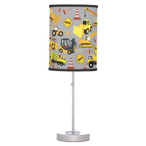 $57.75 | Construction Trucks Pattern Table Lamp #constructiontrucks #trucks #dumptruck #excavator #crane #bulldozer #backhoe #truck #construction #kids Theme Snack, Construction Theme Birthday, Kids Table Lamp, Construction Theme Birthday Party, Concrete Truck, Construction Trucks, Toddler Bedroom, Construction Theme, Lamp Color