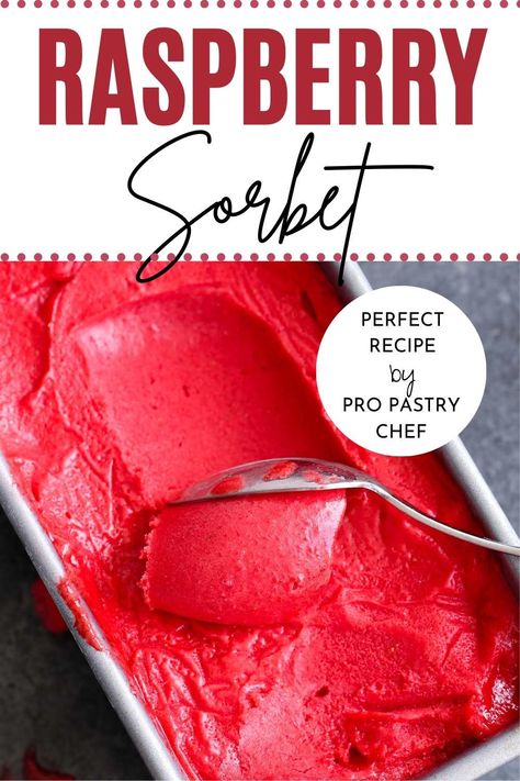 An easy professional Raspberry Sorbet is soft, delightfully tart, and bursting with fresh berry flavor! It can be made with store-bought purée or fresh raspberries! Recipes Using Raspberry Puree, Raspberry Sherbet Recipe, Raspberry Puree Recipe Desserts, What To Make With Frozen Raspberries, What To Do With Fresh Raspberries, Berry Sorbet Recipe, Raspberry Sorbet Recipe, Raspberry Ice Cream Recipe, Mixed Berry Sorbet