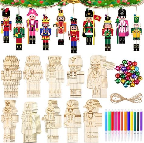 Amazon.com: 60 Pcs Christmas Crafts DIY Nutcracker Wood Ornaments Blank Xmas Crafts Walnut Soldier Hanging Ornaments Unfinished Wood Ornaments Kits with 60 Bells and 12 Colored Maker for Xmas Tree Home Decoration : Toys & Games Diy Nutcracker, Nutcracker Crafts, Tree Home Decor, Large Christmas Tree, Nutcracker Soldier, Tree Home, Nutcracker Ornaments, Wooden Cutouts, Ornament Kit