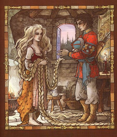 An illustration of Rapunzel by Trina Schart Hyman, one of my favorite artists. Rapunzel Book, Trina Schart Hyman, Saint George And The Dragon, Walter Crane, Brothers Grimm, Film Disney, Fairytale Illustration, Fairy Tale Characters, Art Disney