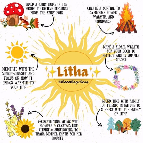 💜🌻𝕷𝖎𝖙𝖍𝖆 𝕭𝖑𝖊𝖘𝖘𝖎𝖓𝖌𝖘🌞🍄 ••••••••••••••••••••••••• Today marks the middle point of Summer, known as Litha, a Celtic celebration of the fertility and abundance of Mother Earth and the blessings the sun has given to us. ✨🌞💜🍄🍓🌻🌲I made this graphic to help visualize some of the ways you can celebrate this great abundance of the Earth, and I will elaborate below if you prefer to read more into this beautiful Pagan holiday 🥰🫶🍓🌞🌻💜🌲🍄✨ Litha is traditionally celebrated on June 20th-21st, also known as “Sum... Litha Blessings, Litha Decorations, Litha Aesthetic, Litha Traditions, Litha Altar, Witchy Holidays, Litha Celebration, Witchy Knowledge, Midsummers Night