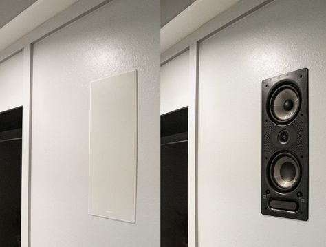 The in-wall surround sound speakers fit seamlessly into the wall cavity. Covers can be painted to match any color, but they were pretty darn close out of the box, so we didn’t need to paint. The cover attaches with about 8-10 small magnets on the perimeter of the speaker. Super simple! Basement Rooms, Sony Home Theatre, Basement Media Room, Basement Movie Room, Wall Speakers, Wireless Surround Sound, Tv Over Fireplace, Home Cinema Room, Best Home Theater