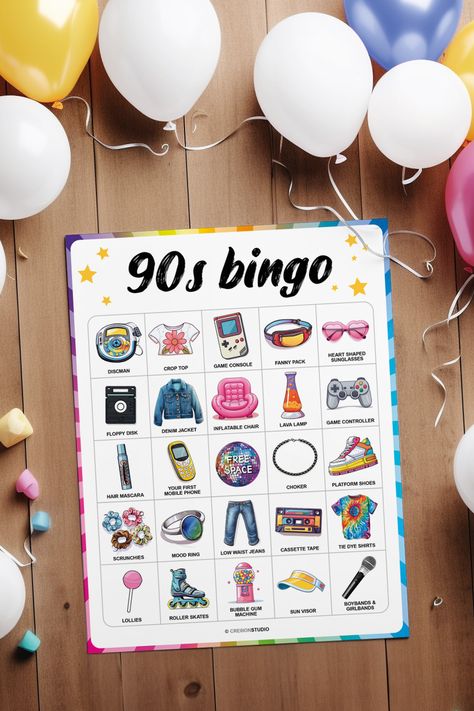 90s party bingo printable game 1990 Aesthetic, Bingo Party, Shape Games, 90s Party, Bingo Printable, Cube Puzzle, 80s Party, Floppy Disk, Game Printable